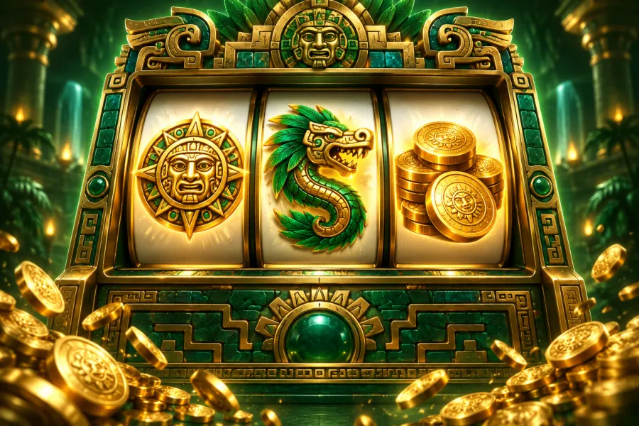 Rodillos de una tragamonedas con motivos aztecas