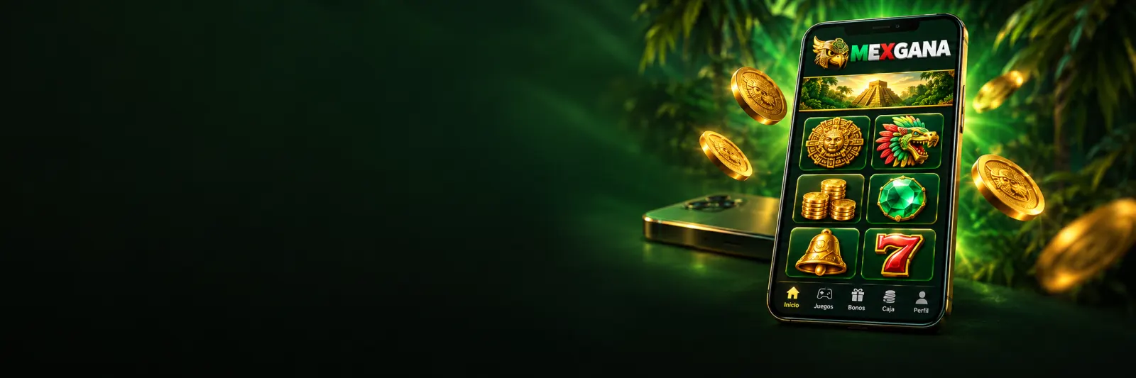 Teléfono con la pantalla encendida sobre el fondo verde de MexGana