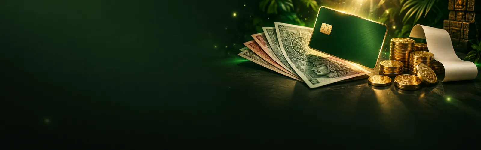 Billetes de peso mexicano y una tarjeta sobre el fondo verde de MexGana